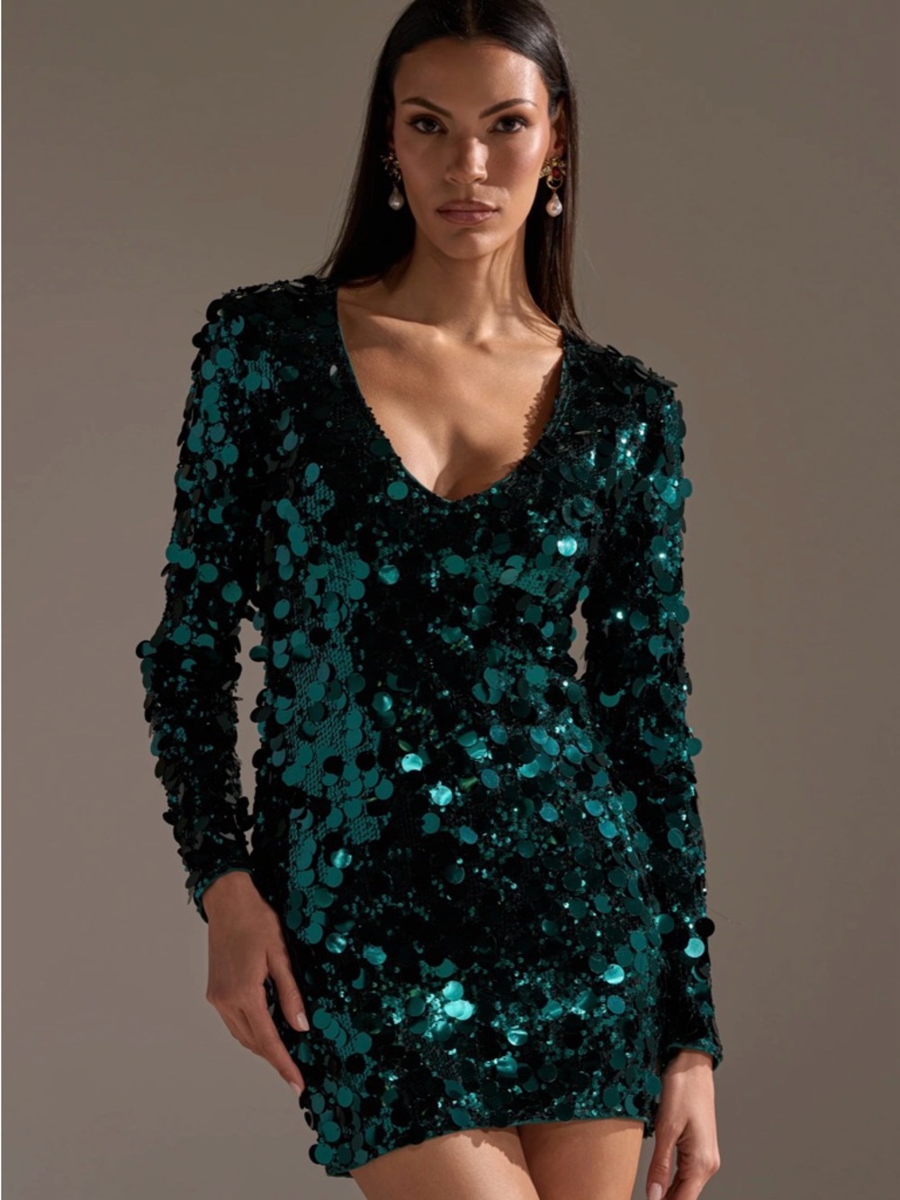 VACA SALE! 1 DAY! AKIRA Teal Sequin V‑Neck Long Sleeve Mini Dress